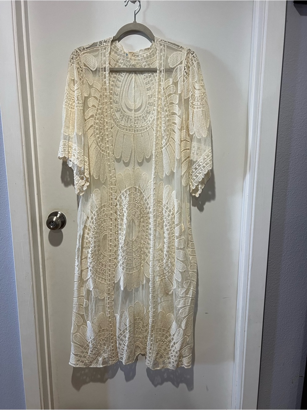 Source Unknown Cream Lace Midi Dress - Sheer Kimono Overlay